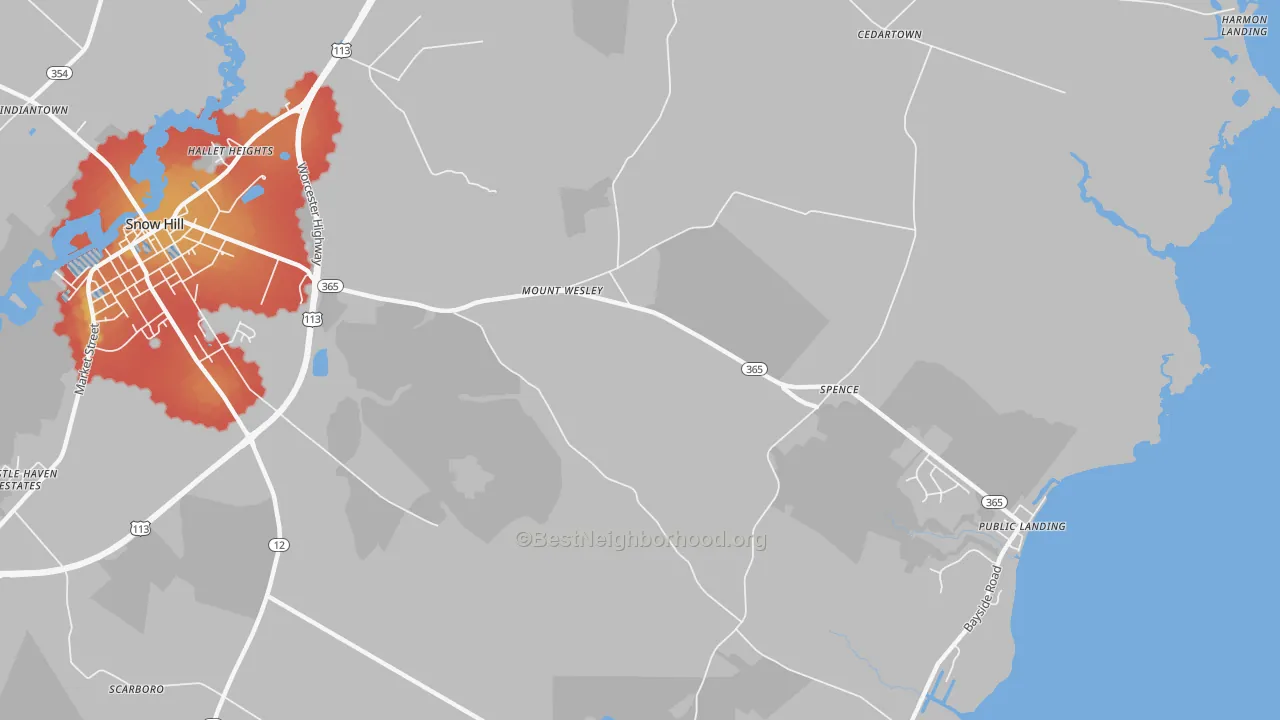 Walk Grade map of Mount Wesley, MD, walkable areas in green and car-dependent areas in red