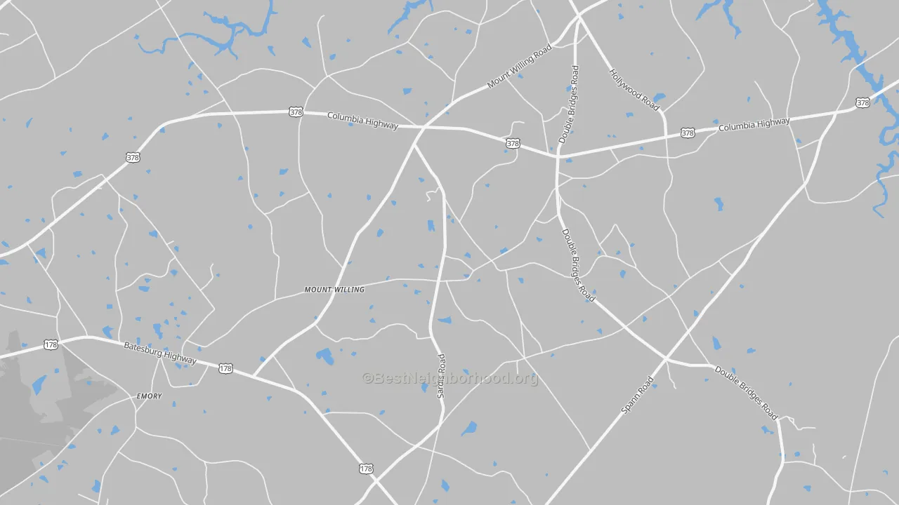 Walk Grade map of Mount Willing, SC, walkable areas in green and car-dependent areas in red