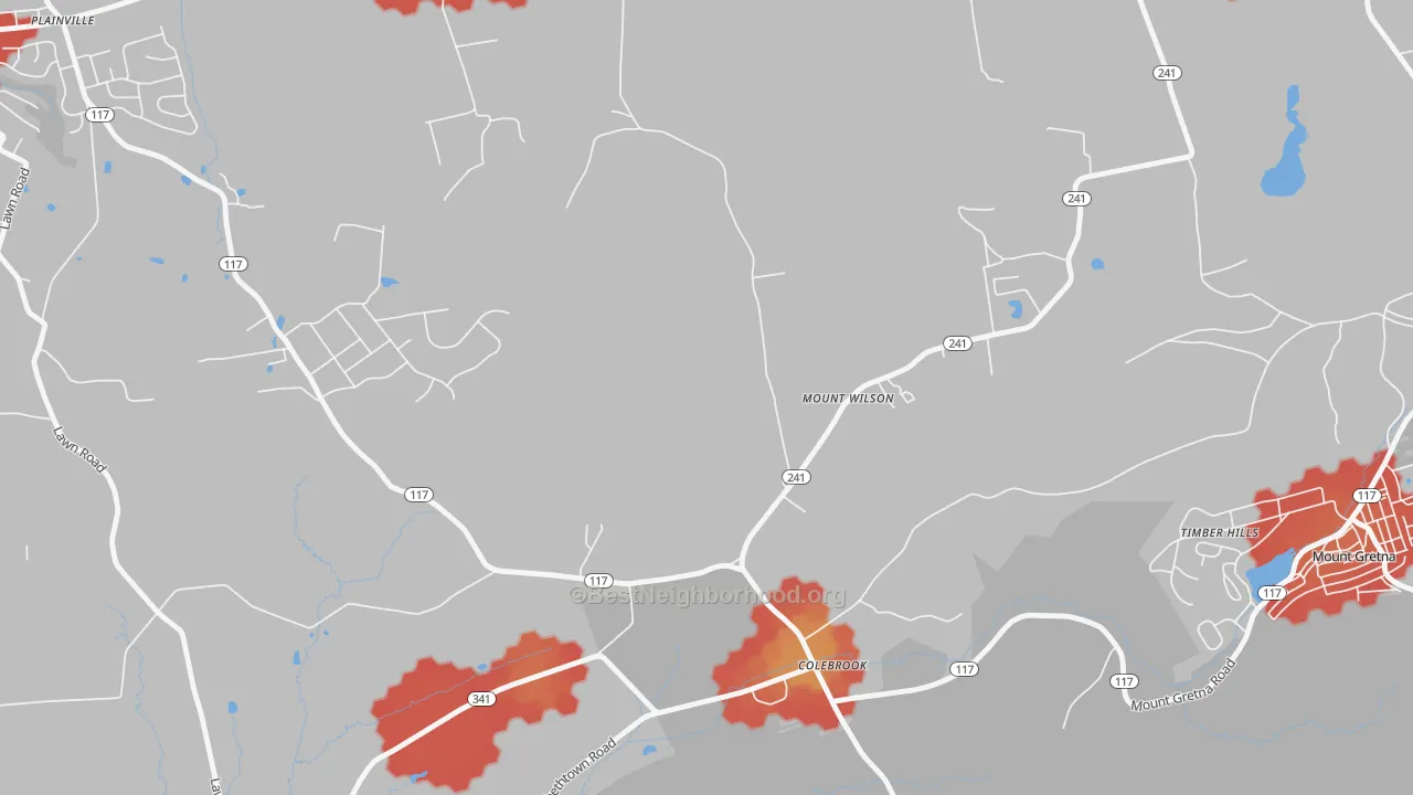 Walk Grade map of Mount Wilson, PA, walkable areas in green and car-dependent areas in red