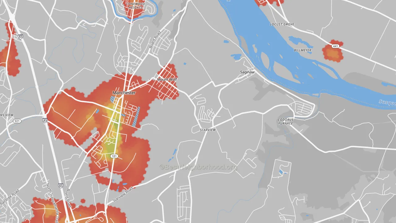 Walk Grade map of Mount Wolf, PA, walkable areas in green and car-dependent areas in red