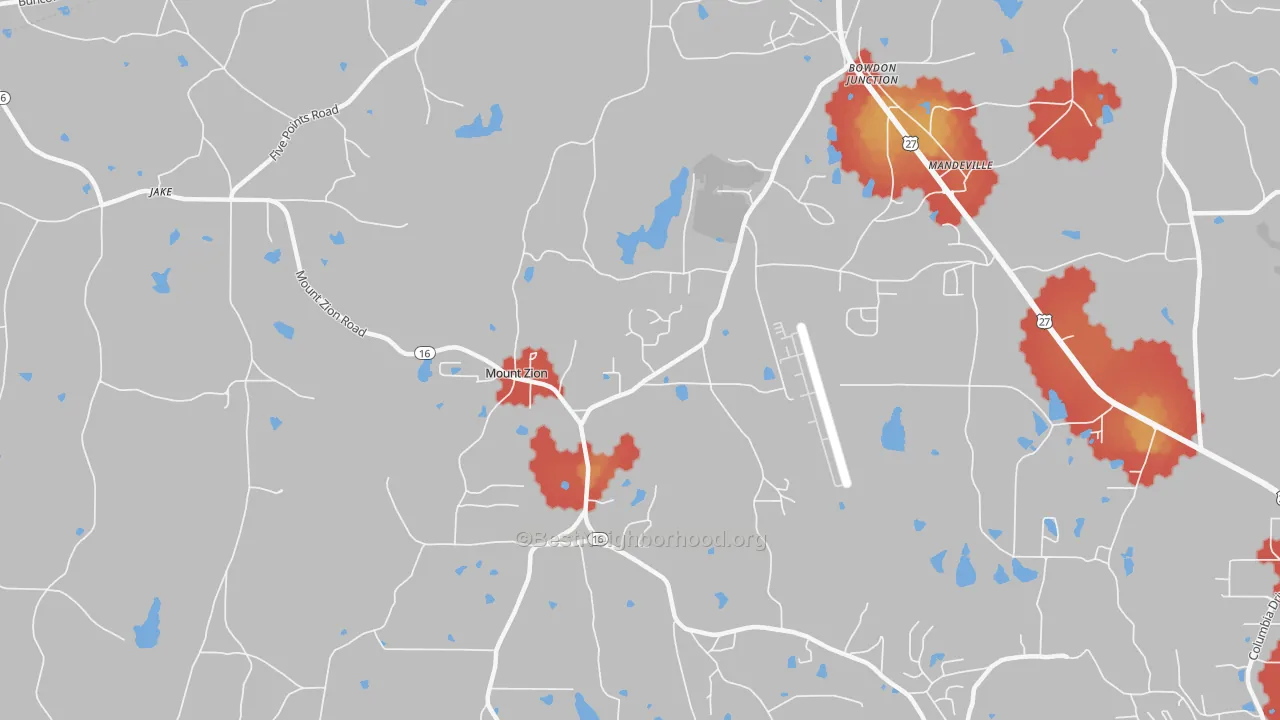 Walk Grade map of Mount Zion, GA, walkable areas in green and car-dependent areas in red