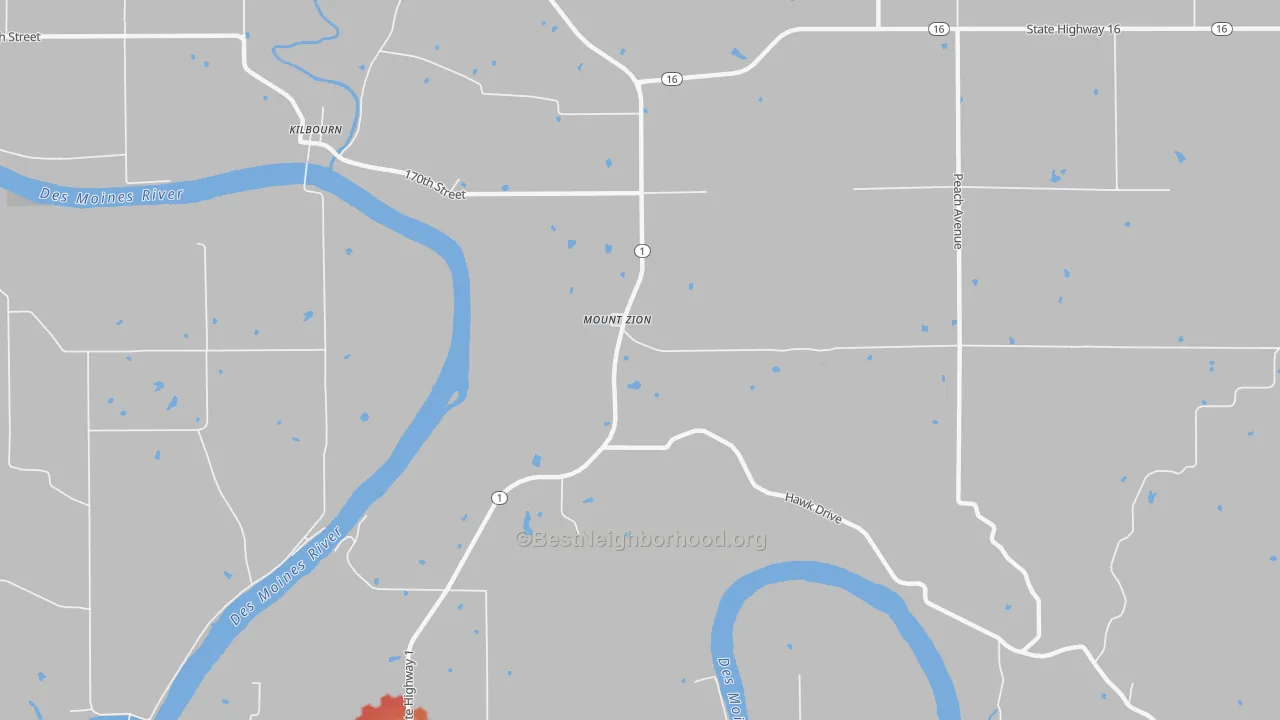 Walk Grade map of Mount Zion, IA, walkable areas in green and car-dependent areas in red