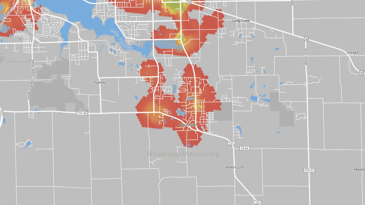 Walk Grade map of Mount Zion, IL, walkable areas in green and car-dependent areas in red
