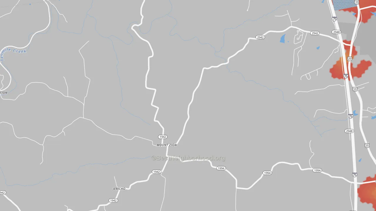 Walk Grade map of Mount Zion, KY, walkable areas in green and car-dependent areas in red