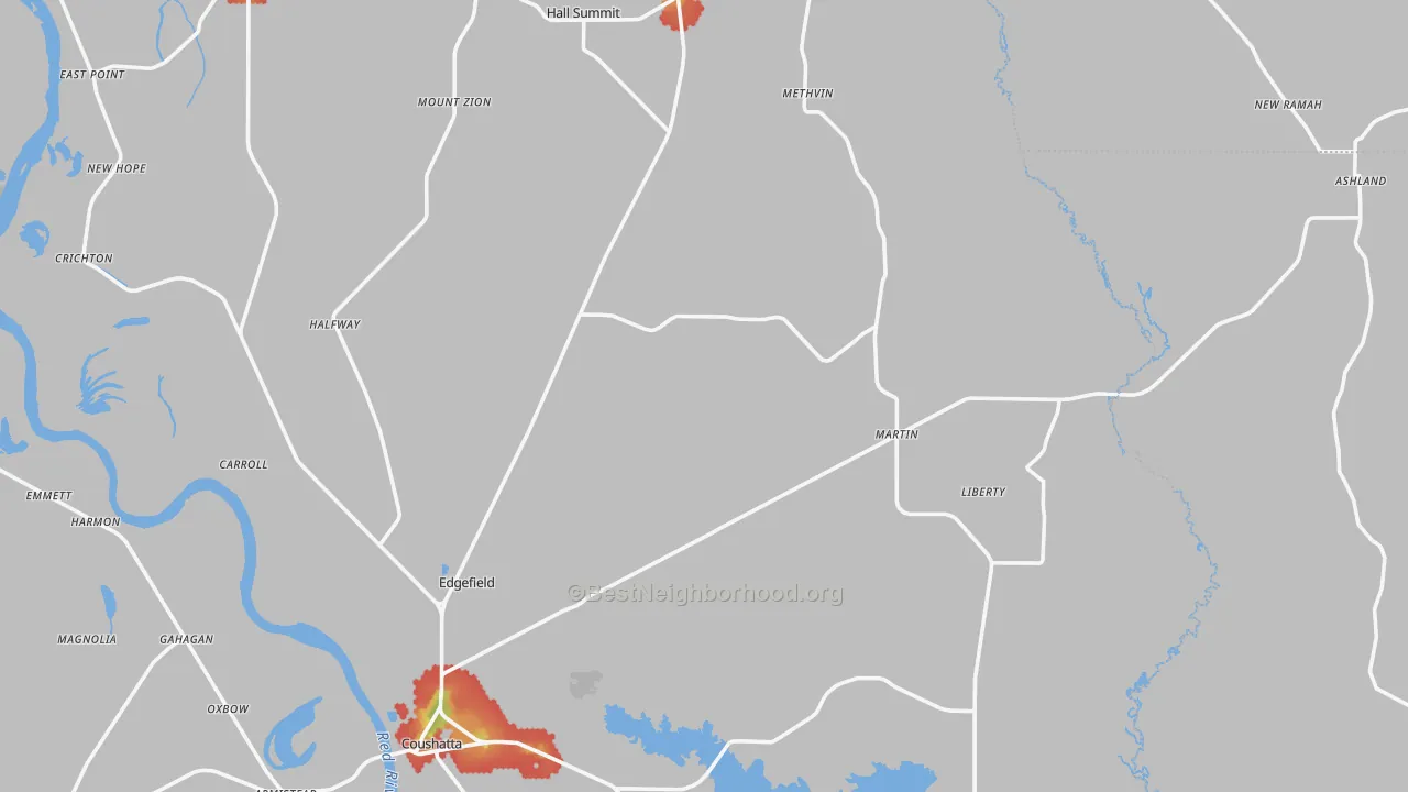 Walk Grade map of Mount Zion, LA, walkable areas in green and car-dependent areas in red