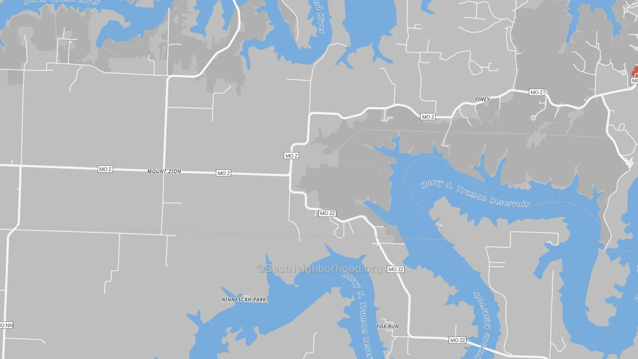 Walk Grade map of Mount Zion, MO, walkable areas in green and car-dependent areas in red