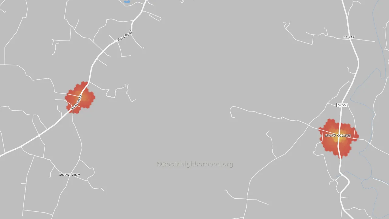 Walk Grade map of Mount Zion, TN, walkable areas in green and car-dependent areas in red