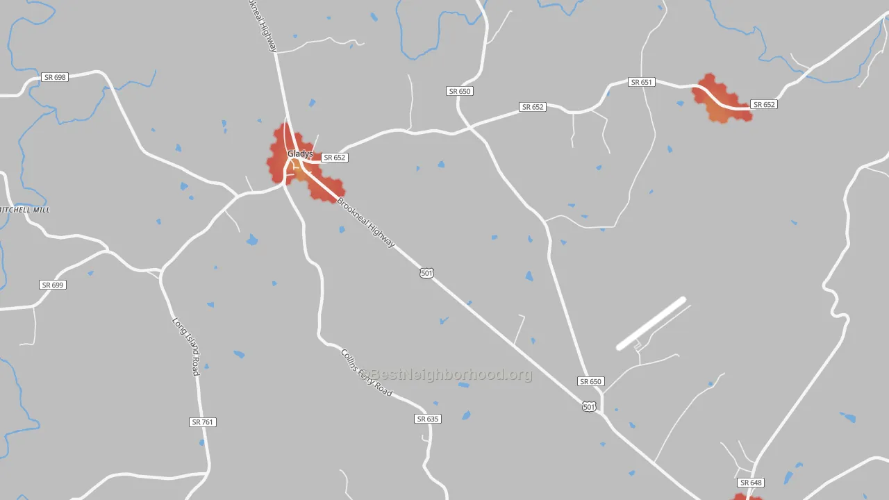 Walk Grade map of Mount Zion, VA, walkable areas in green and car-dependent areas in red