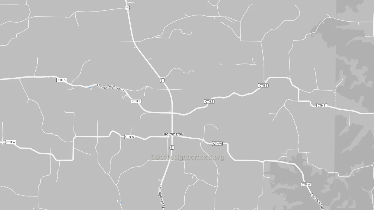 Walk Grade map of Mount Zion, WI, walkable areas in green and car-dependent areas in red