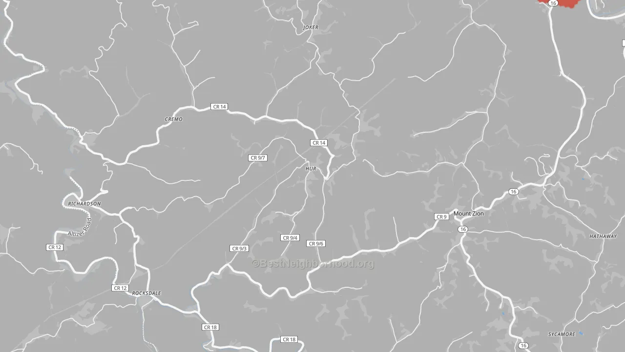 Walk Grade map of Mount Zion, WV, walkable areas in green and car-dependent areas in red