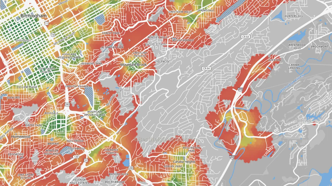 Walk Grade map of Mountain Brook, AL, walkable areas in green and car-dependent areas in red