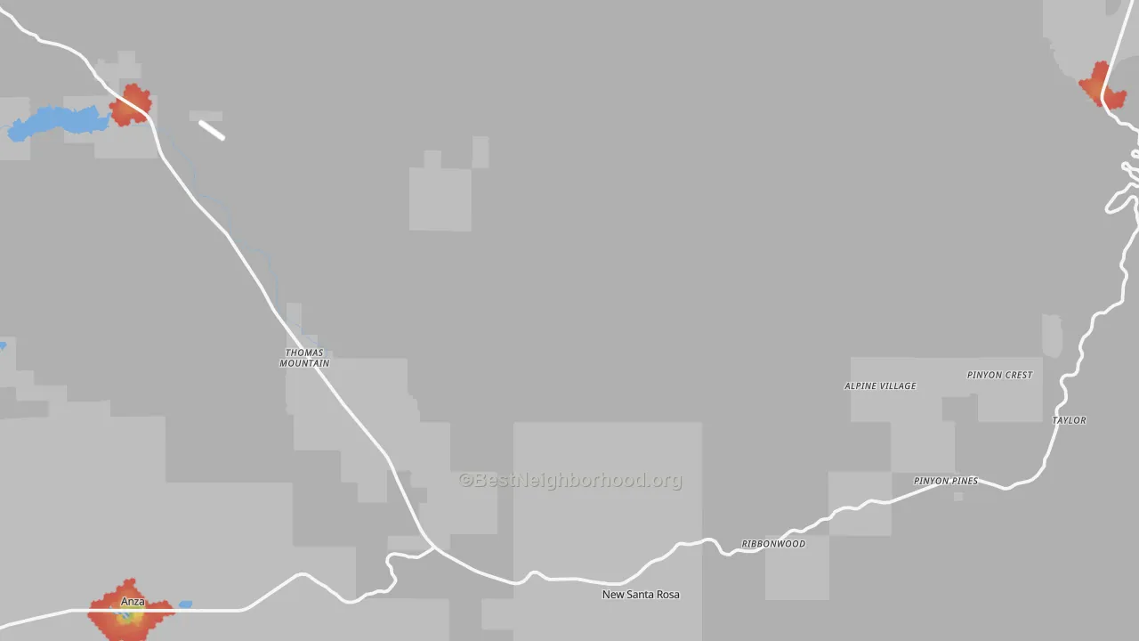 Walk Grade map of Mountain Center, CA, walkable areas in green and car-dependent areas in red
