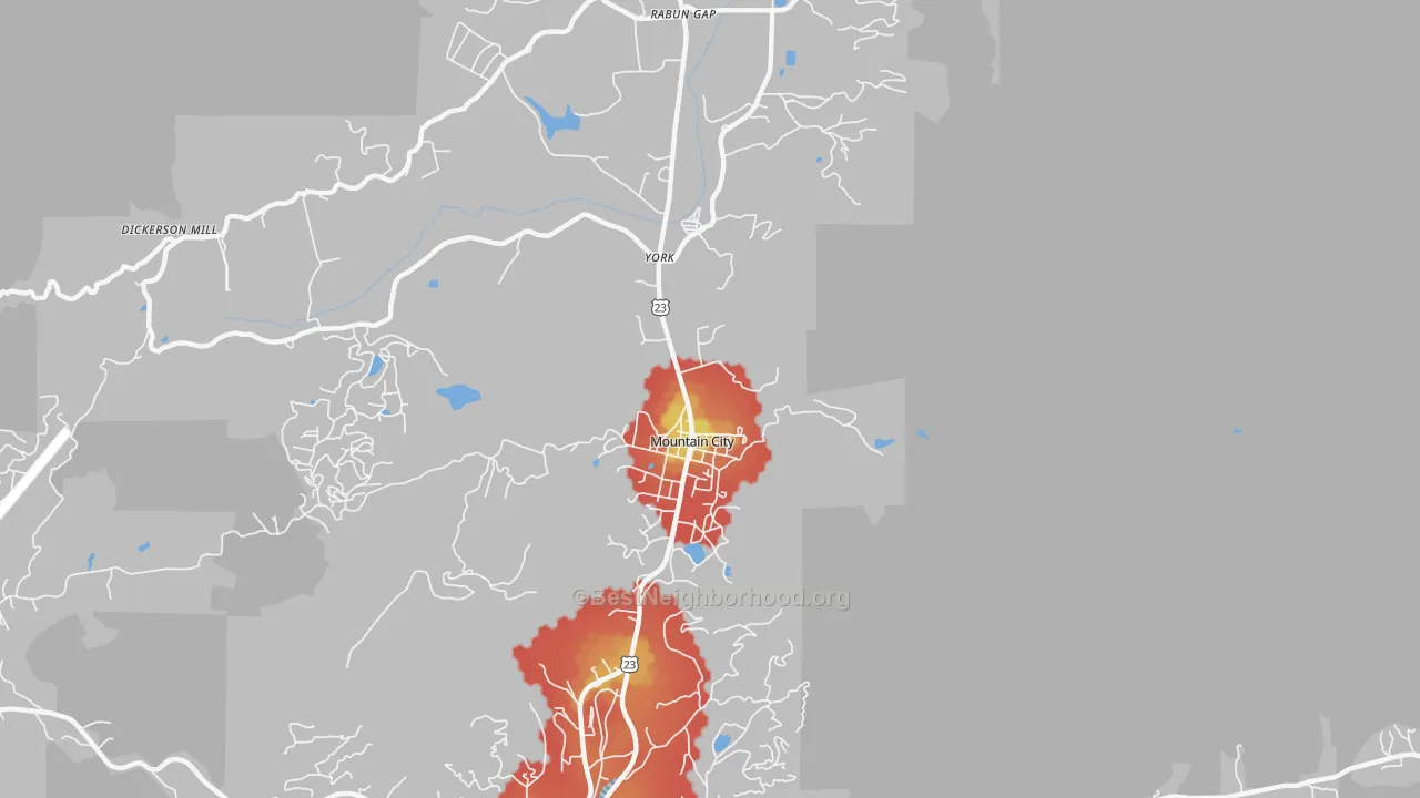Walk Grade map of Mountain City, GA, walkable areas in green and car-dependent areas in red