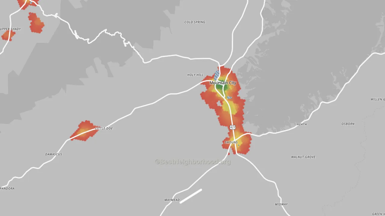 Walk Grade map of Mountain City, TN, walkable areas in green and car-dependent areas in red