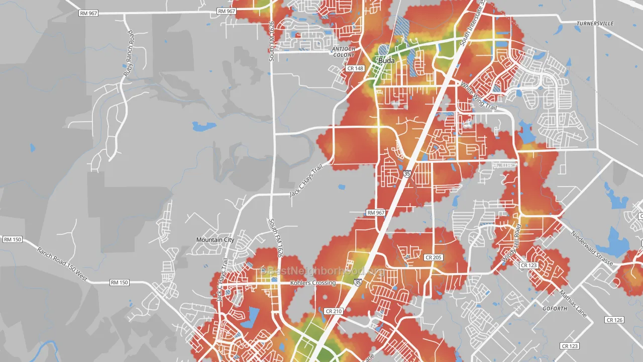 Walk Grade map of Mountain City, TX, walkable areas in green and car-dependent areas in red