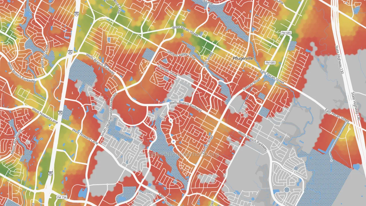 Walk Grade map of Mountain Creek, Pflugerville, TX, walkable areas in green and car-dependent areas in red