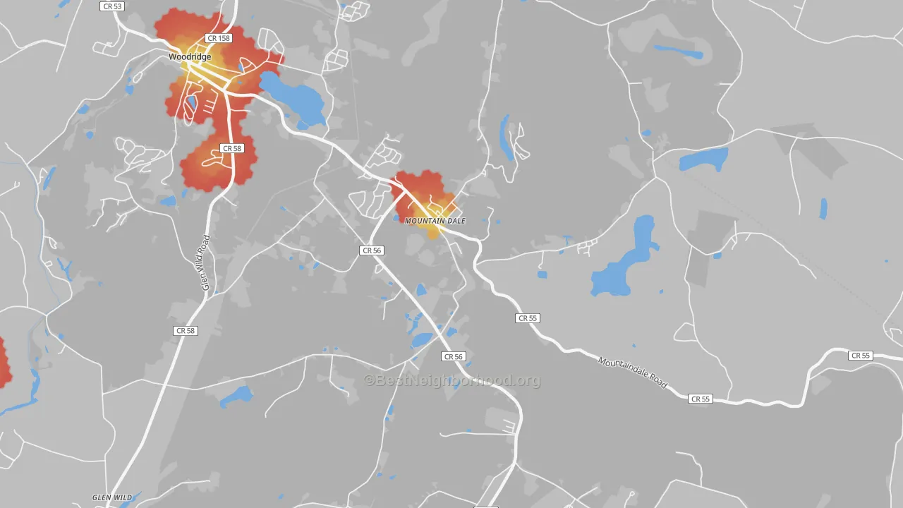 Walk Grade map of Mountain Dale, NY, walkable areas in green and car-dependent areas in red