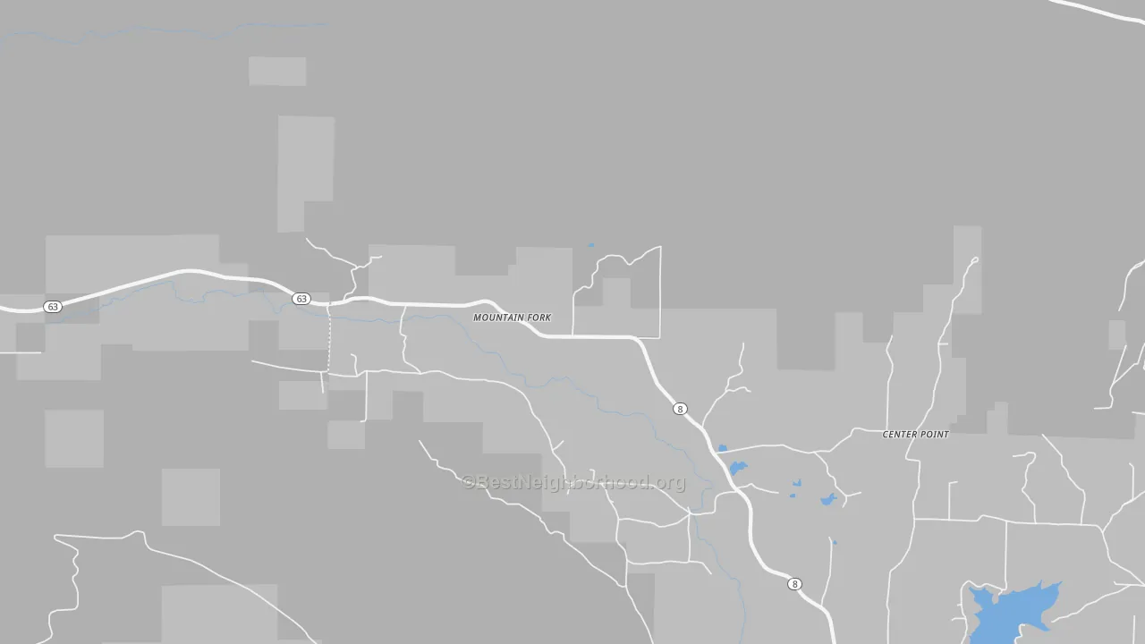 Walk Grade map of Mountain Fork, AR, walkable areas in green and car-dependent areas in red