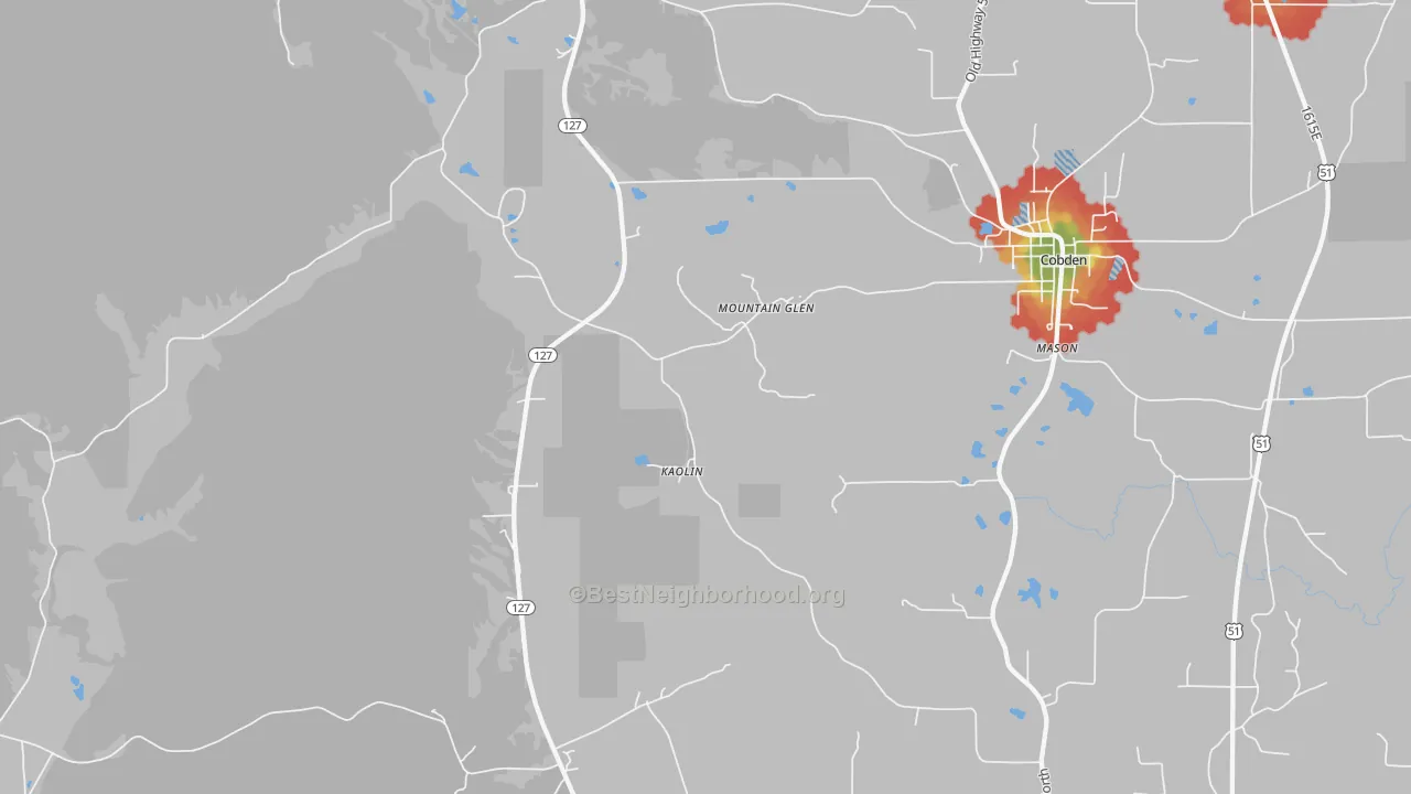 Walk Grade map of Mountain Glen, IL, walkable areas in green and car-dependent areas in red
