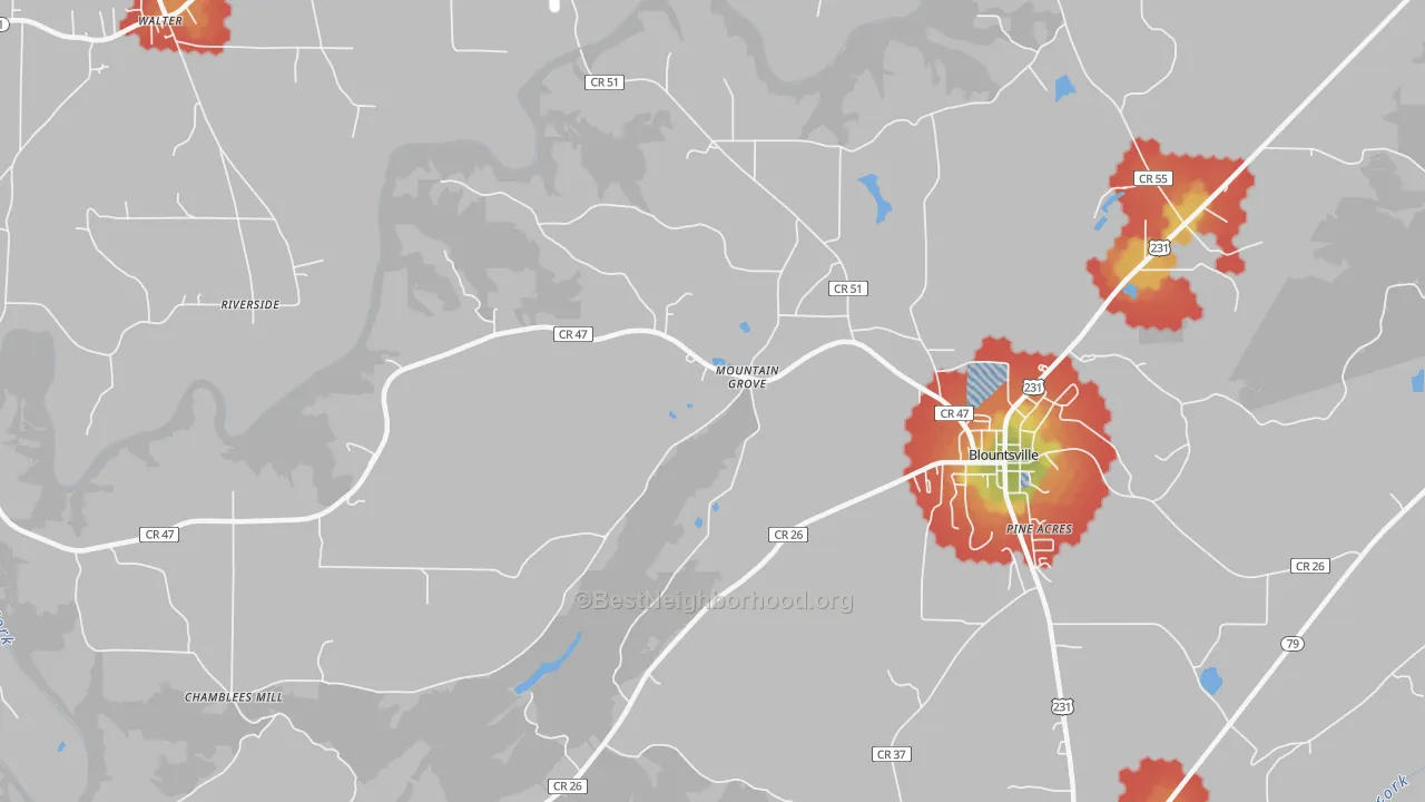 Walk Grade map of Mountain Grove, AL, walkable areas in green and car-dependent areas in red