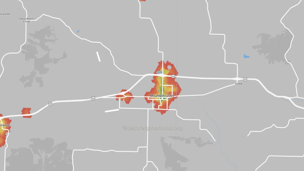 Walk Grade map of Mountain Grove, MO, walkable areas in green and car-dependent areas in red