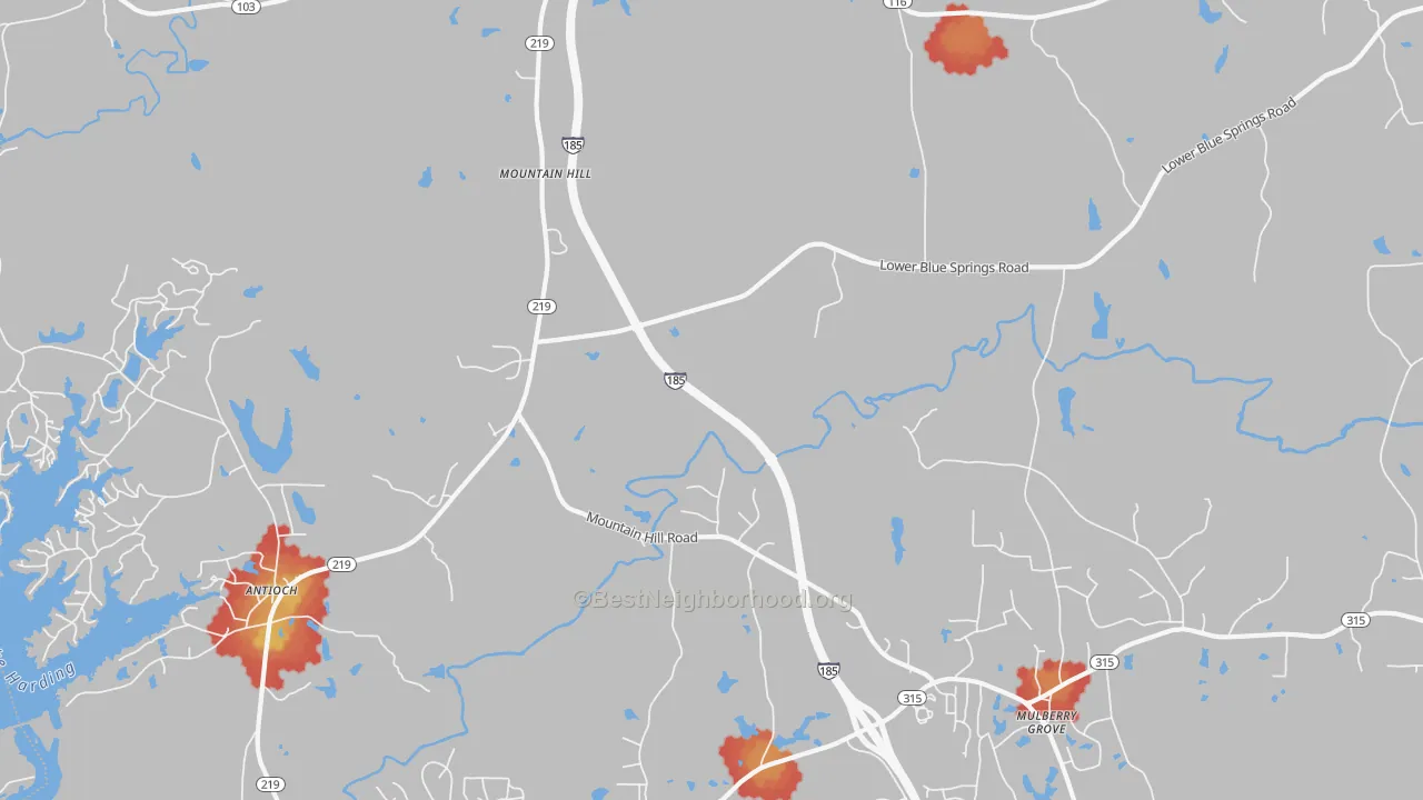 Walk Grade map of Mountain Hill, GA, walkable areas in green and car-dependent areas in red