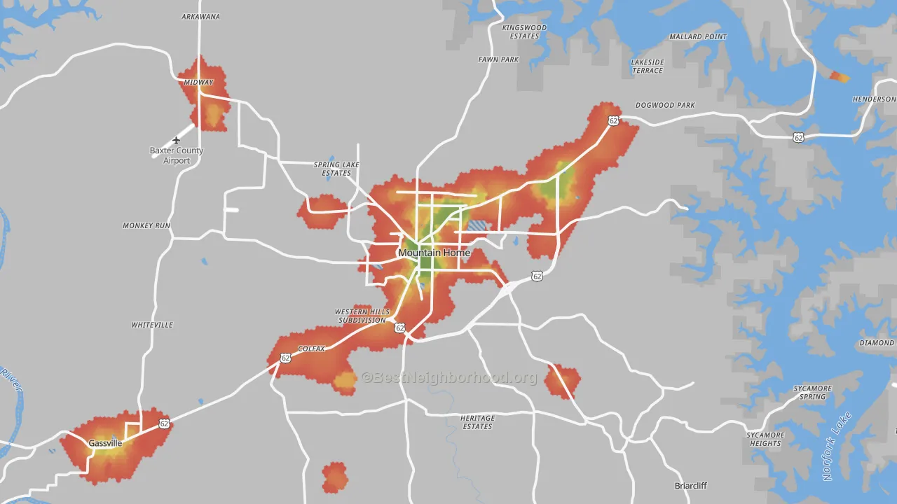 Walk Grade map of Mountain Home, AR, walkable areas in green and car-dependent areas in red