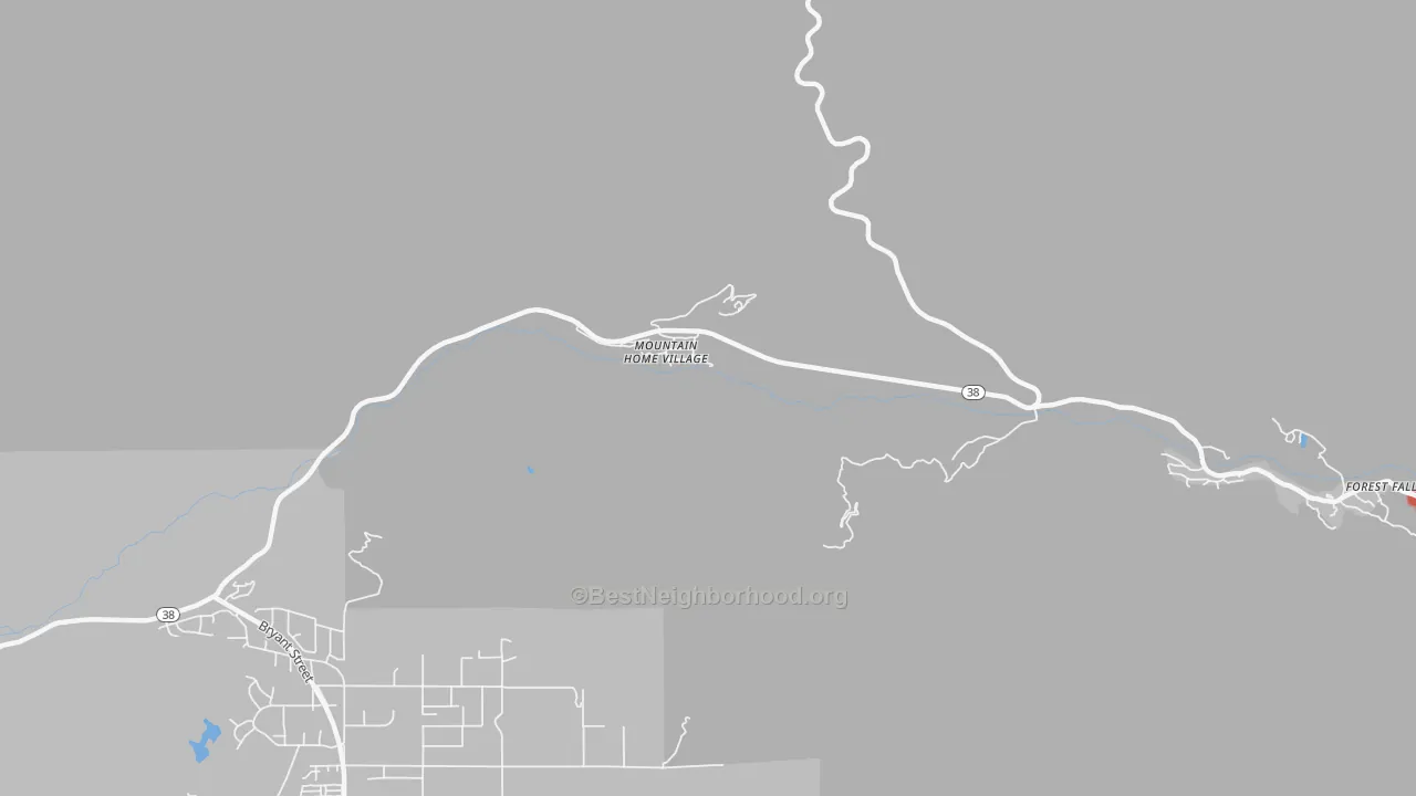 Walk Grade map of Mountain Home Village, CA, walkable areas in green and car-dependent areas in red