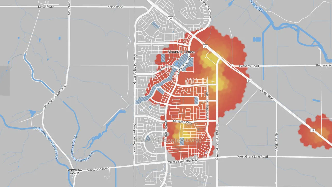 Walk Grade map of Mountain House, CA, walkable areas in green and car-dependent areas in red