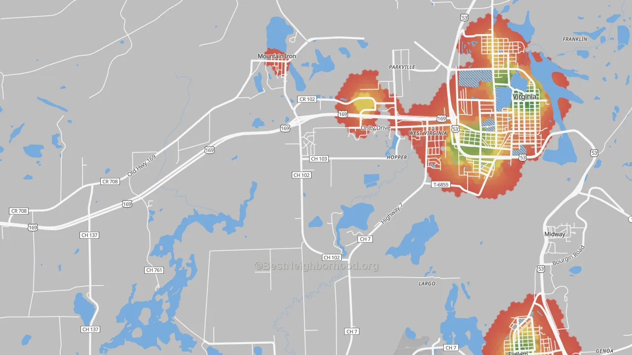 Walk Grade map of Mountain Iron, MN, walkable areas in green and car-dependent areas in red