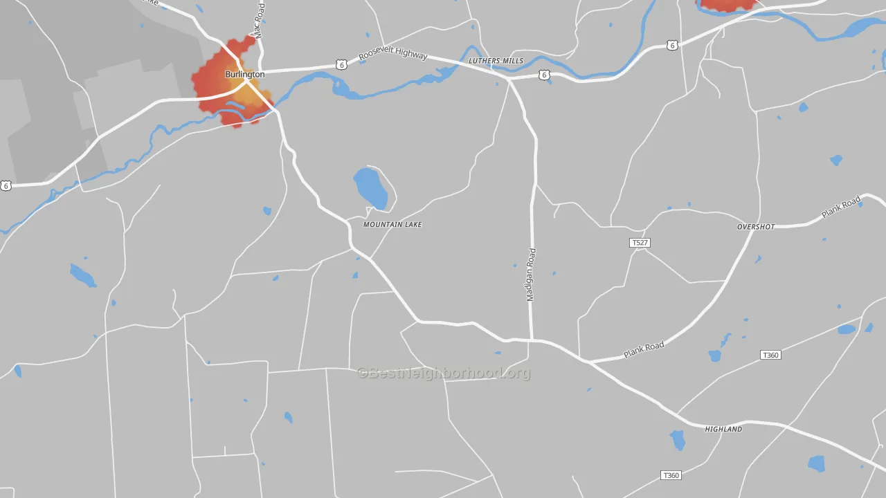 Walk Grade map of Mountain Lake, PA, walkable areas in green and car-dependent areas in red