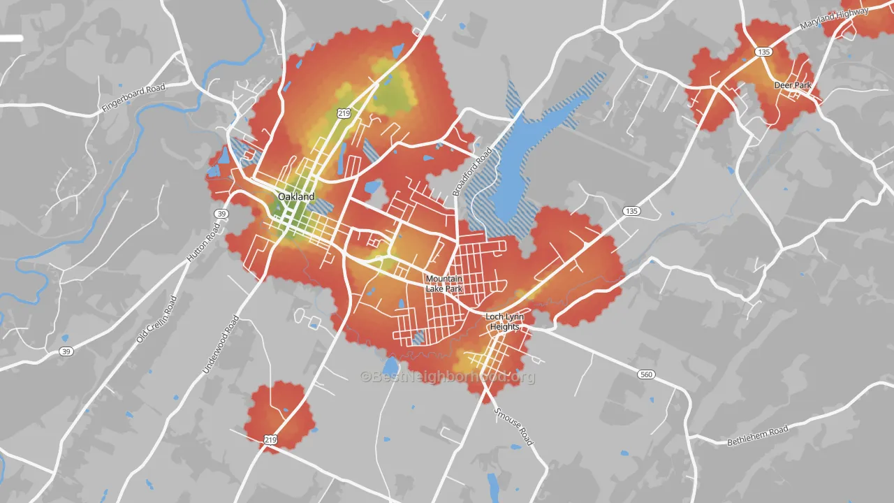 Walk Grade map of Mountain Lake Park, MD, walkable areas in green and car-dependent areas in red