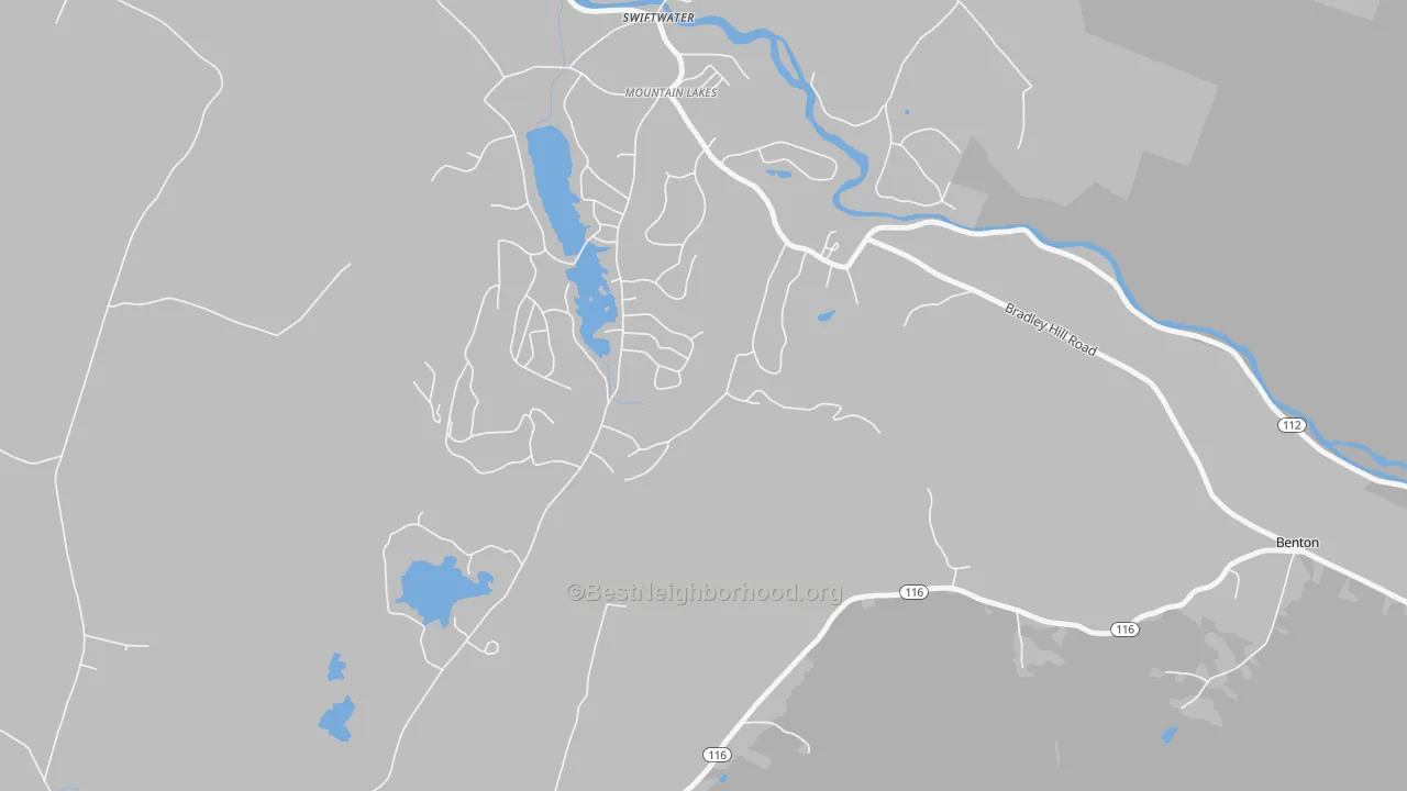 Walk Grade map of Mountain Lakes, NH, walkable areas in green and car-dependent areas in red