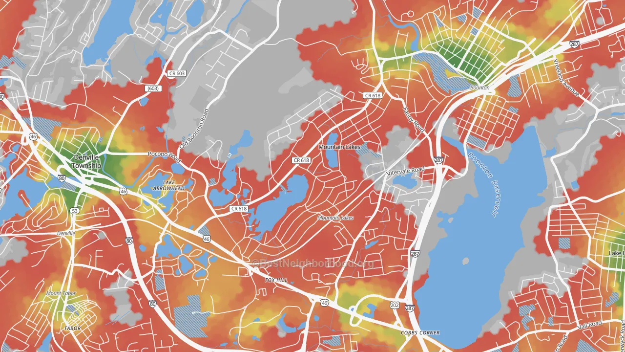 Walk Grade map of Mountain Lakes, NJ, walkable areas in green and car-dependent areas in red
