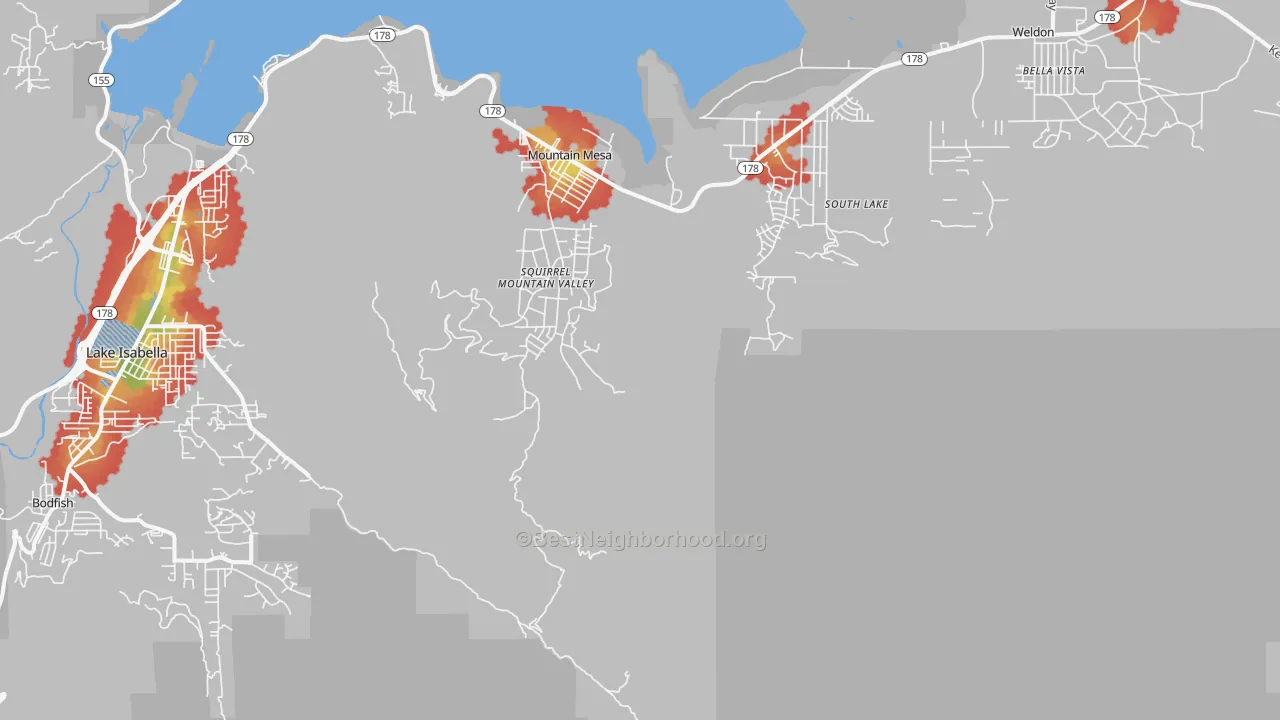 Walk Grade map of Mountain Mesa, CA, walkable areas in green and car-dependent areas in red