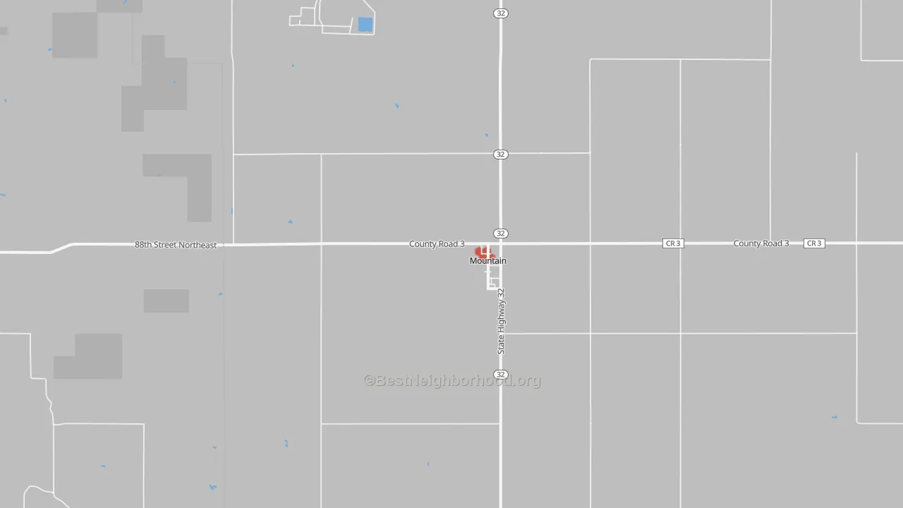 Walk Grade map of Mountain, ND, walkable areas in green and car-dependent areas in red