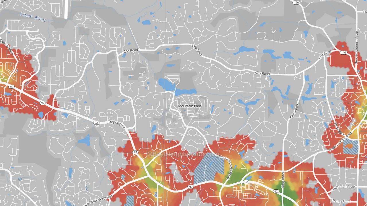 Walk Grade map of Mountain Park, GA, walkable areas in green and car-dependent areas in red