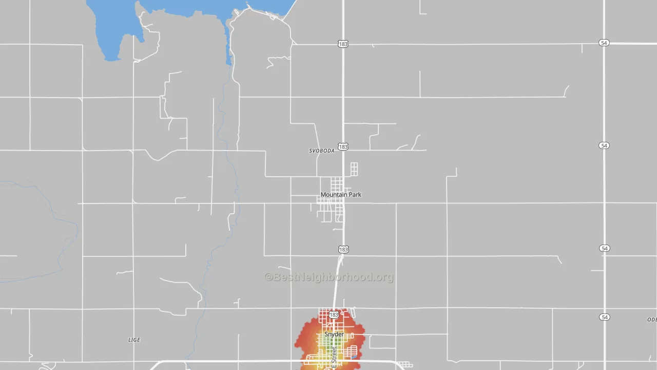 Walk Grade map of Mountain Park, OK, walkable areas in green and car-dependent areas in red