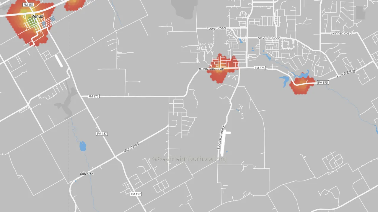 Walk Grade map of Mountain Peak, TX, walkable areas in green and car-dependent areas in red