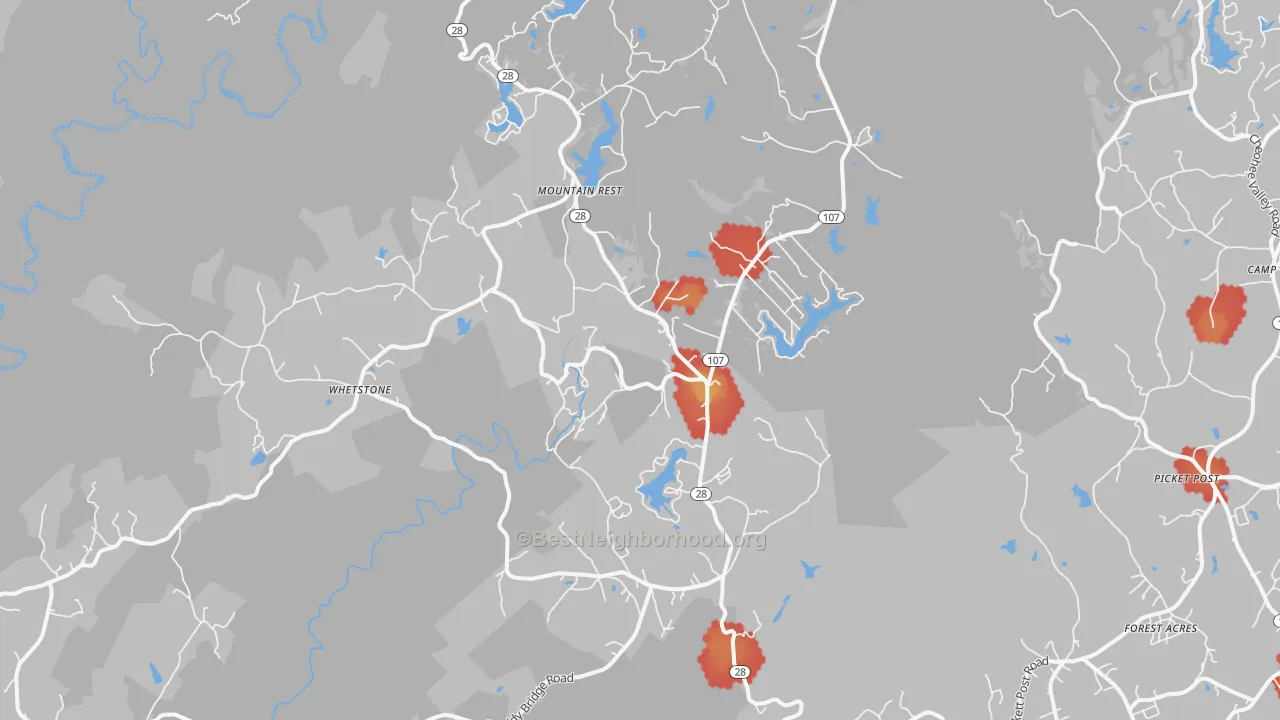 Walk Grade map of Mountain Rest, SC, walkable areas in green and car-dependent areas in red