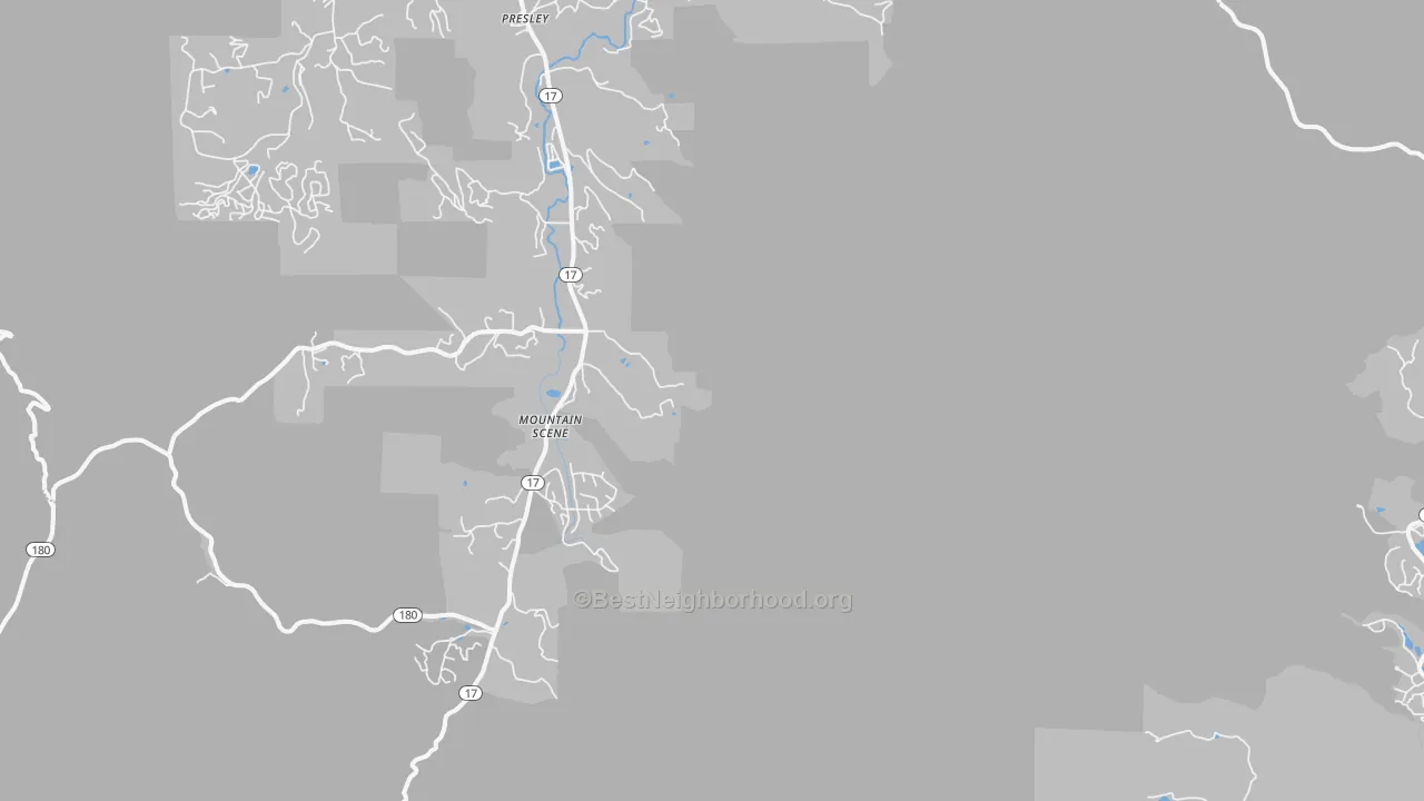 Walk Grade map of Mountain Scene, GA, walkable areas in green and car-dependent areas in red