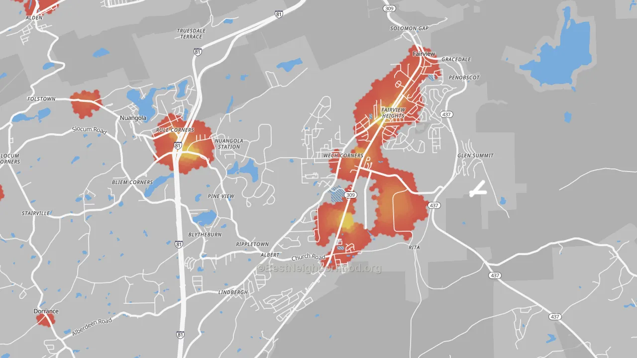 Walk Grade map of Mountain Top, PA, walkable areas in green and car-dependent areas in red
