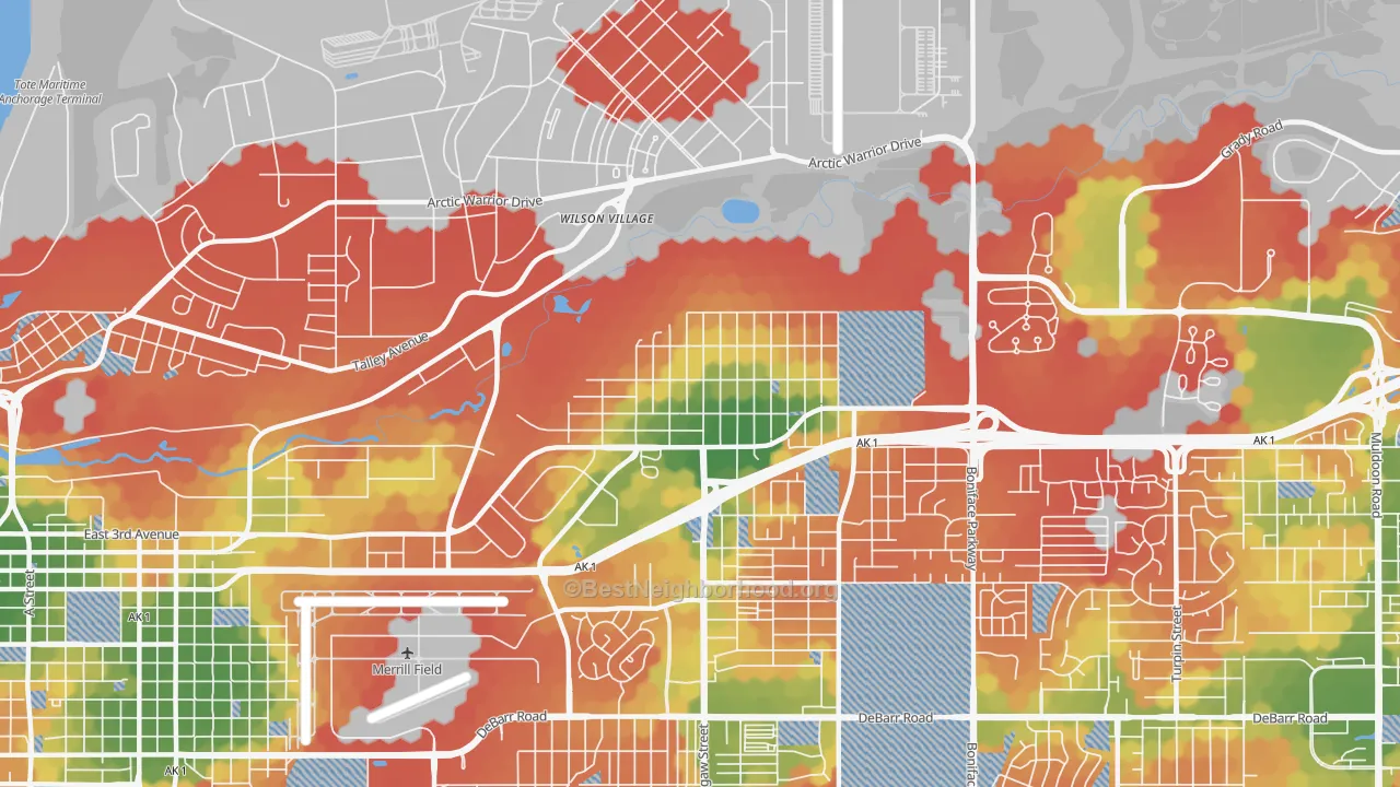 Walk Grade map of Mountain View, Anchorage, AK, walkable areas in green and car-dependent areas in red