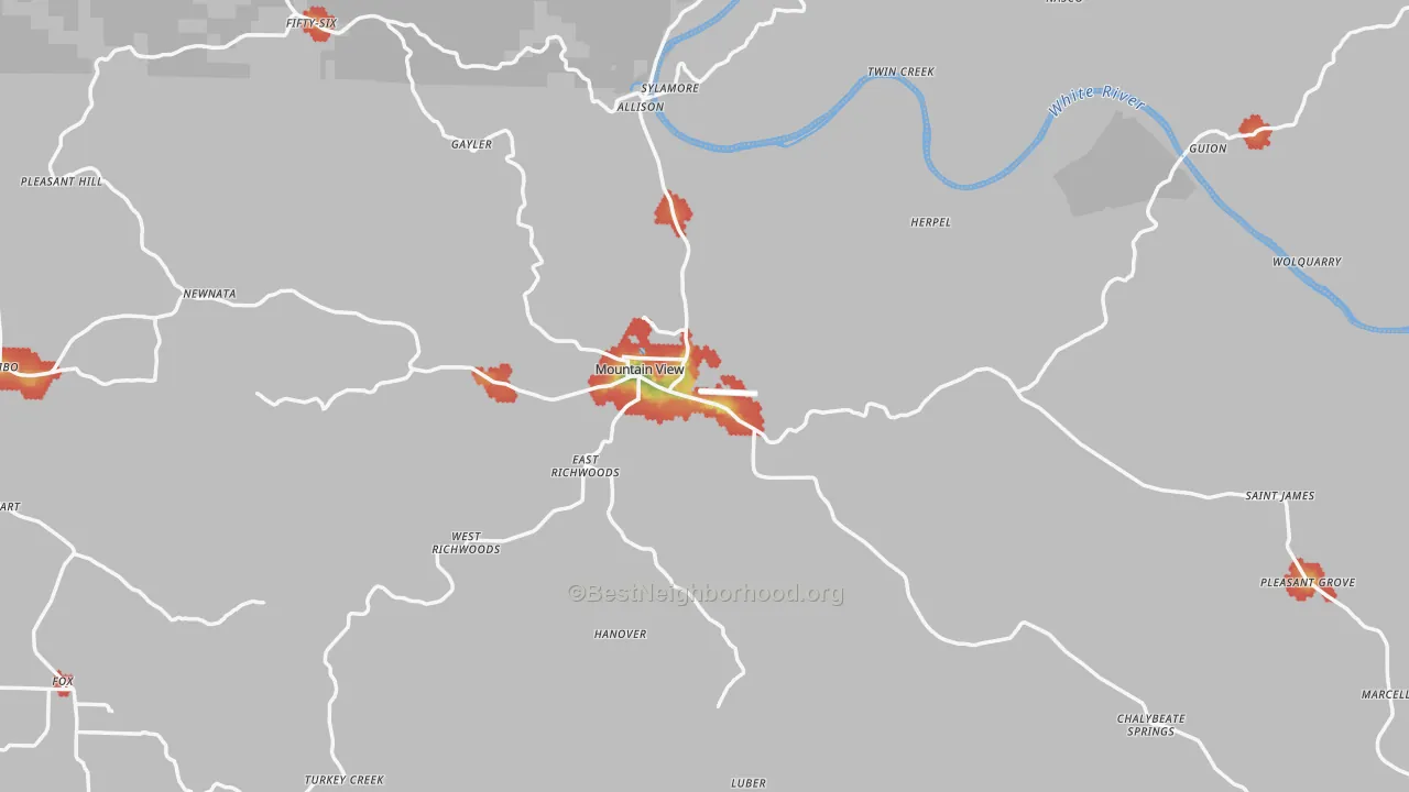 Walk Grade map of Mountain View, AR, walkable areas in green and car-dependent areas in red