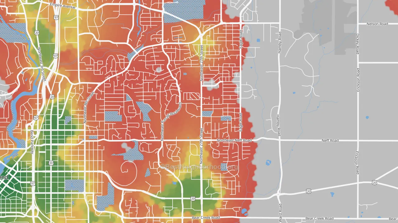 Walk Grade map of Mountain View, Bend, OR, walkable areas in green and car-dependent areas in red