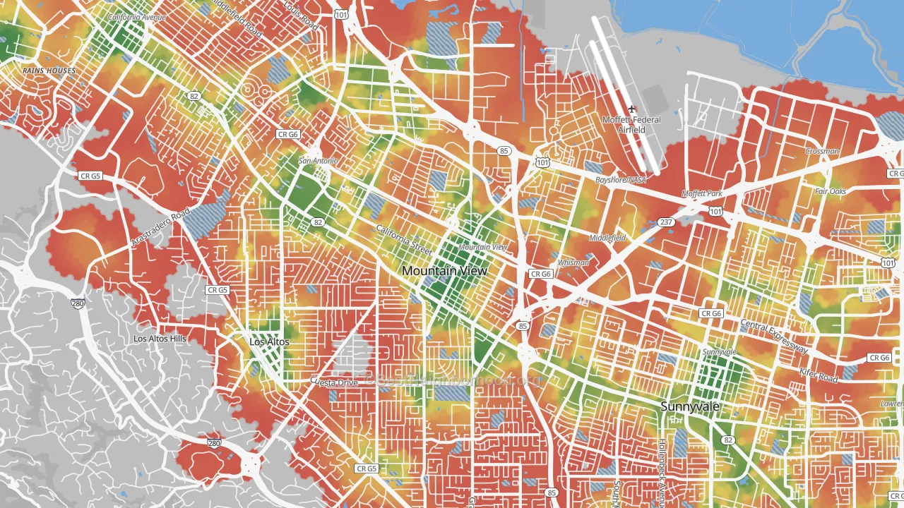 Walk Grade map of Mountain View, CA, walkable areas in green and car-dependent areas in red