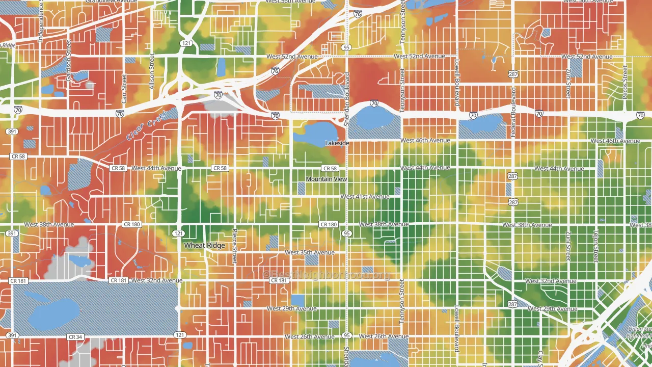 Walk Grade map of Mountain View, CO, walkable areas in green and car-dependent areas in red