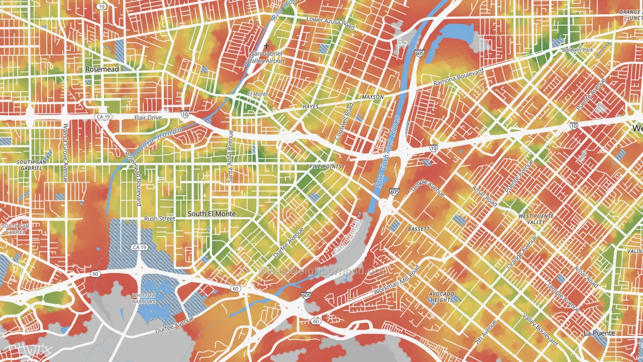 Walk Grade map of Mountain View, El Monte, CA, walkable areas in green and car-dependent areas in red