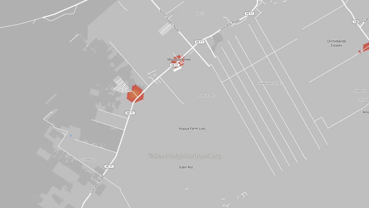 Walk Grade map of Mountain View, HI, walkable areas in green and car-dependent areas in red