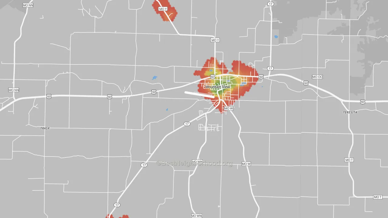 Walk Grade map of Mountain View, MO, walkable areas in green and car-dependent areas in red